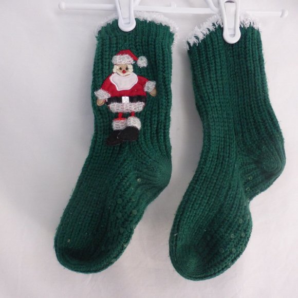 Non-slip, green knitted Santa socks with bottom grips and furry trim tops BNWOT - Picture 2 of 6